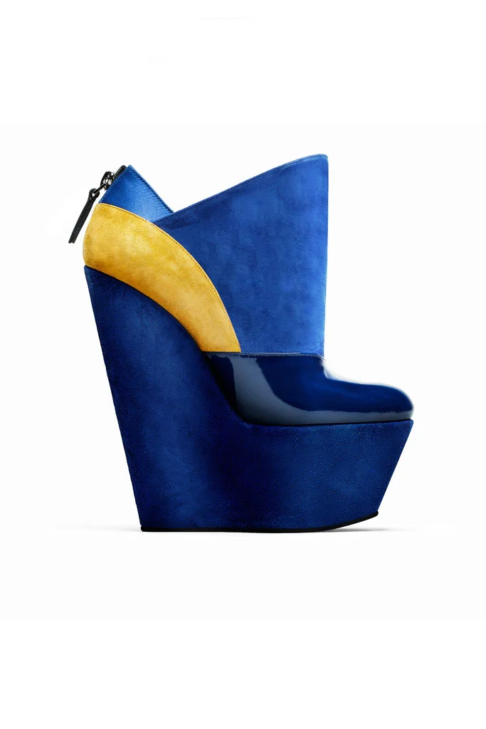 Royal Blue Wedge Patent Leather and Suede Platform Booties Vdcoo