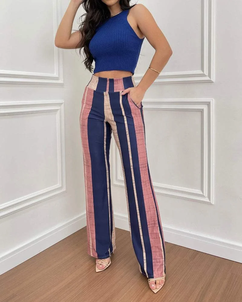 SLEEVELESS TANK TOP + STRIPED PRINT PANTS TWO PIECE SET