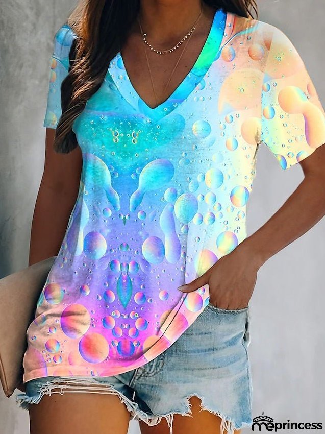 Women's T Shirt Tee Blue Purple Green Graphic Butterfly Print Short Sleeve Daily Weekend Basic V Neck Regular Abstract