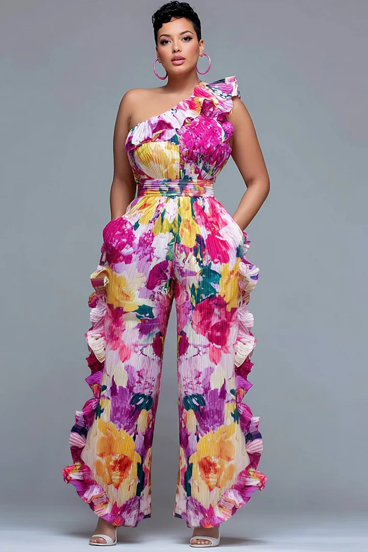 Xpluswear Design Plus Size Vacation Pink Floral One Shoulder Ruffle Pocket Jumpsuits 2024 - Xpluswear