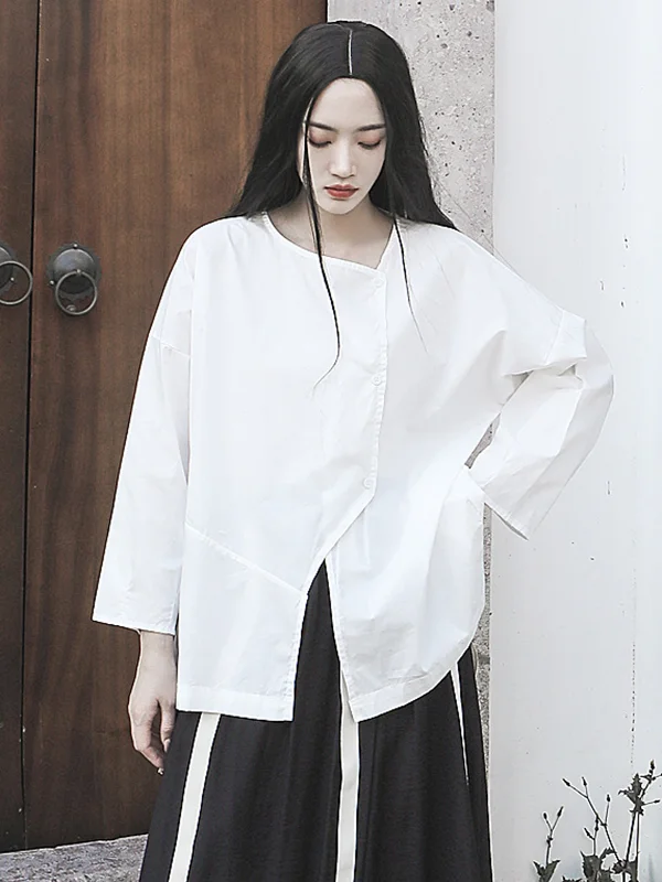 Simple Long Sleeves Asymmetric Split-Joint Solid Color Blouse