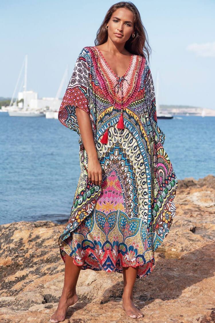 Ethnic Printed Sleeved Tie Front V Neck Maxi Cover Up-elleschic