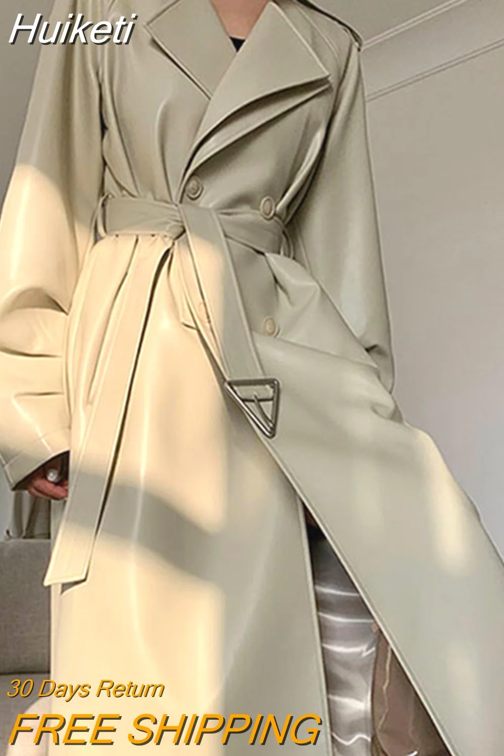 Huiketi Spring Autumn Long Faux Leather Trench Coat for Women Belt Double Breasted Luxury Elegant Fashion 2023