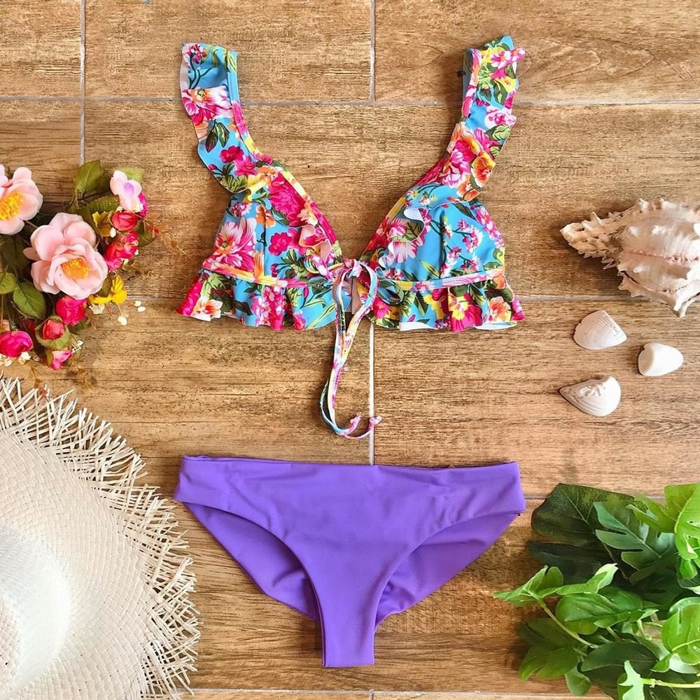 2021 New Sexy Low Waist Bikini Set Swimsuit Ruffle Strappy Swimwear Women Print Floral V-neck Bathing Suit Beachwear biquini