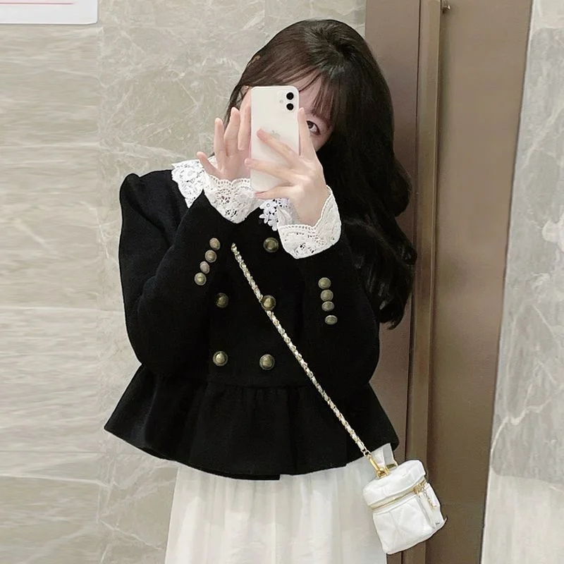 Long-Sleeve Lace Trim Double-Breasted Woolen Cropped Jacket / Asymmetrical Maxi Skirt YP2814