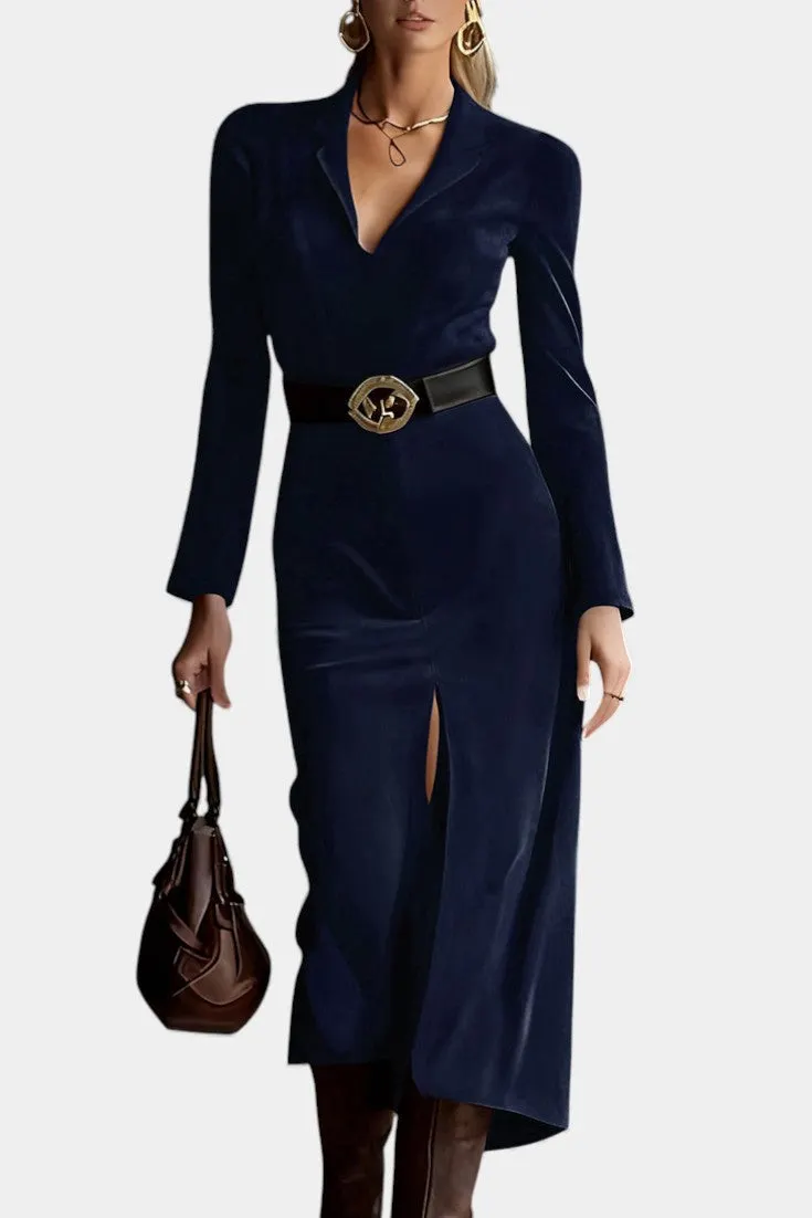 Structured V-Neck Faux Suede Midi Dress with Belt