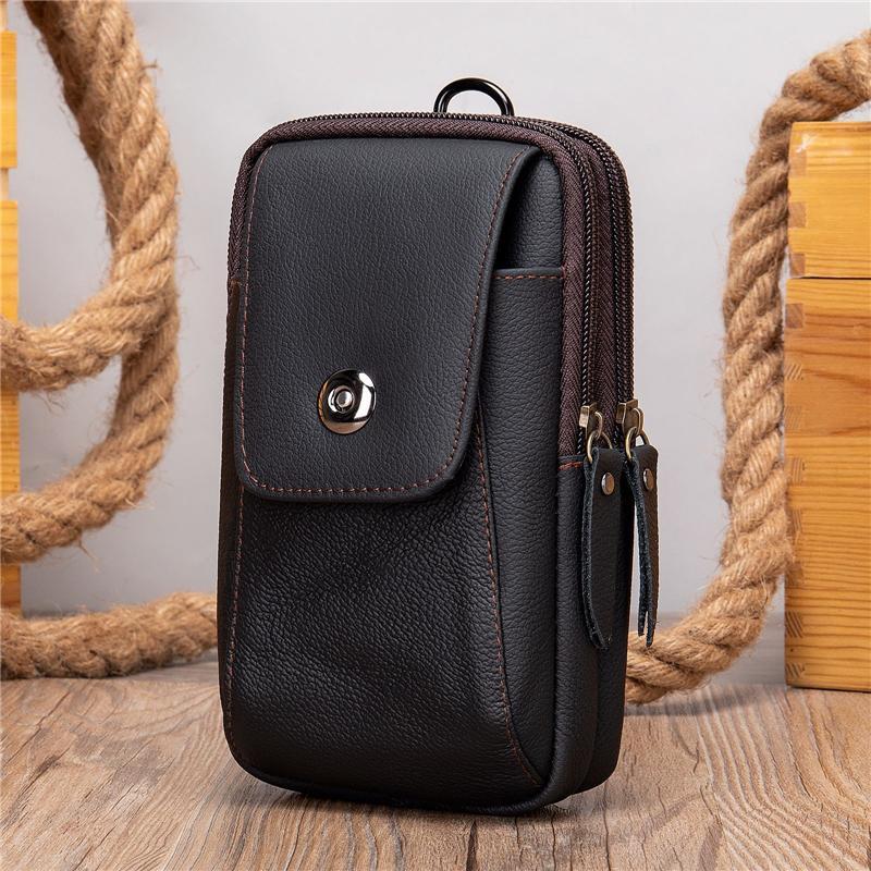 Grain Textured Style Genuine Leather Multiple Compartment Card Slot Magnetic Closure Belt Bag