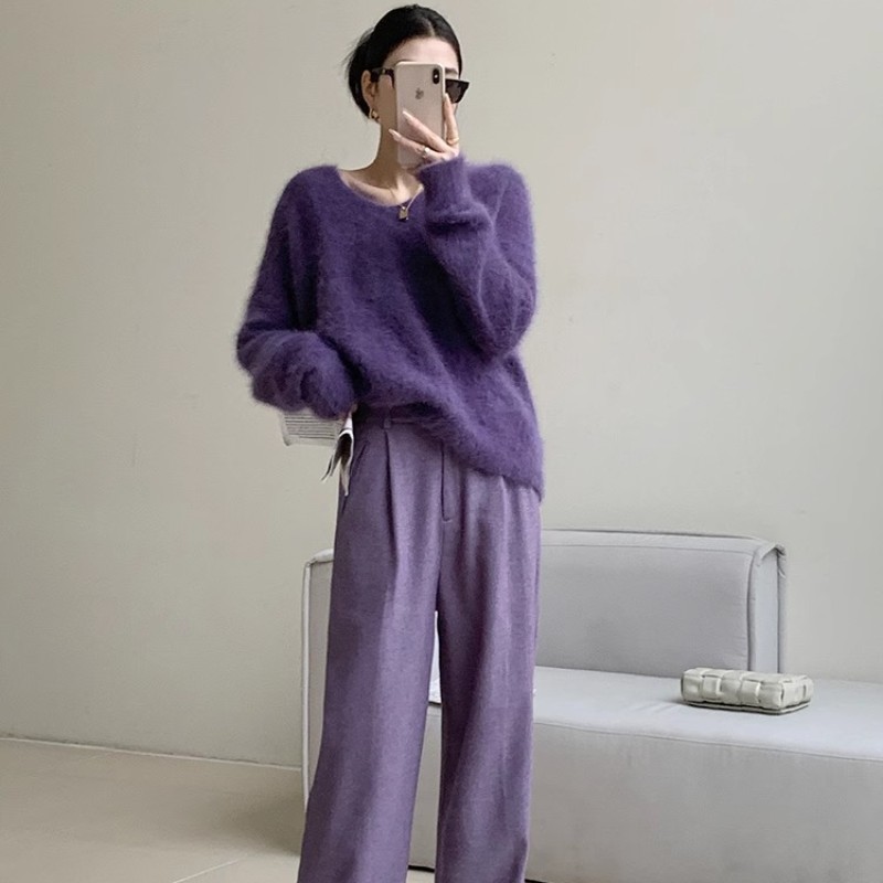 Purple Plush Top For Women'S Autumn And Winter New V-Neck Plush Lazy Style Bottom With A Sweater Underneath