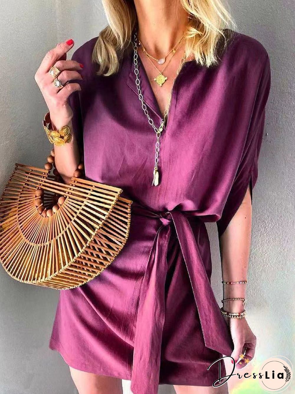 Women'S Dresses Casual Solid Tie Mid Sleeve Dress