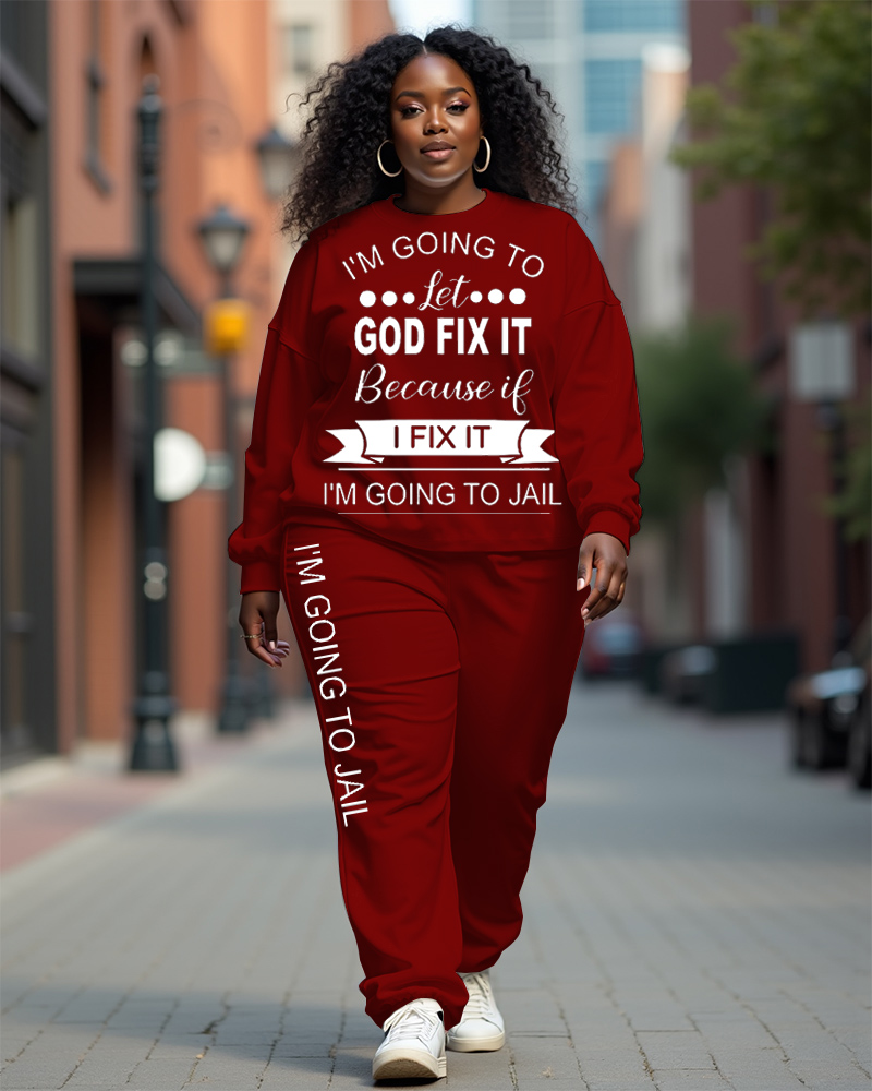 Women's Plus Size God Fix It Long Sleeve Sweatshirt and  Casual Pants Set