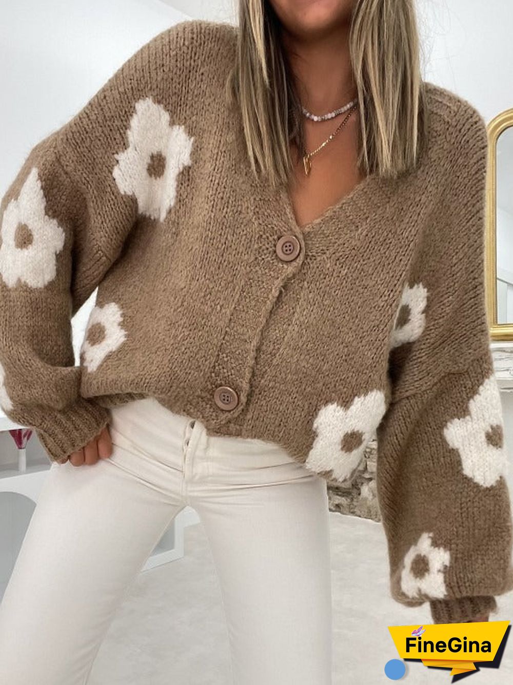 Brown Print V-Neck Sweater