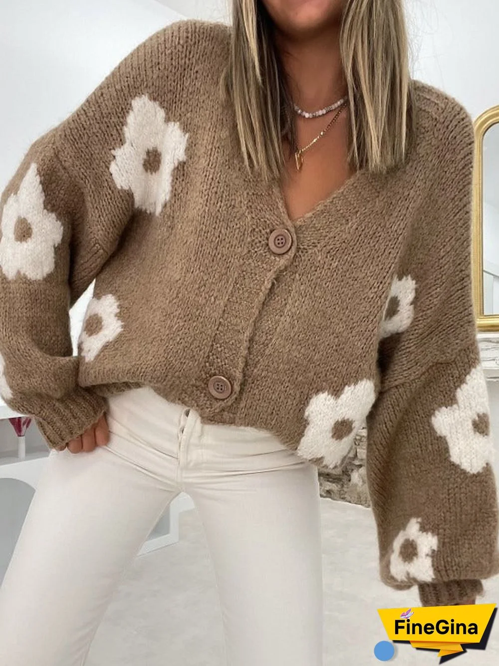 Brown Print V-Neck Sweater