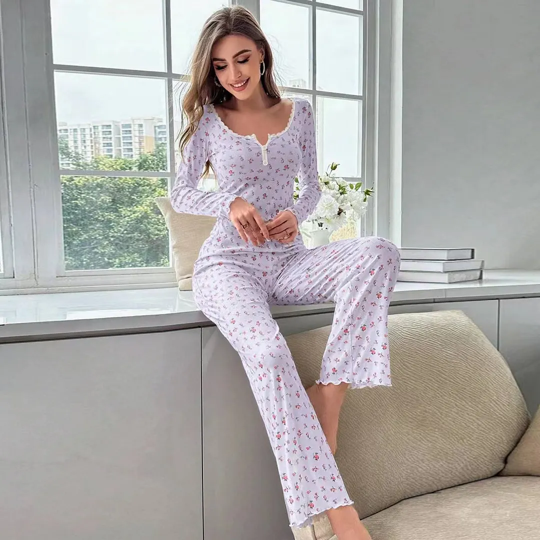 Churchf Hot New Pyjamas V-Neck Casual Fashion Elastic Trousers Women's Long-Sleeved Homewear
