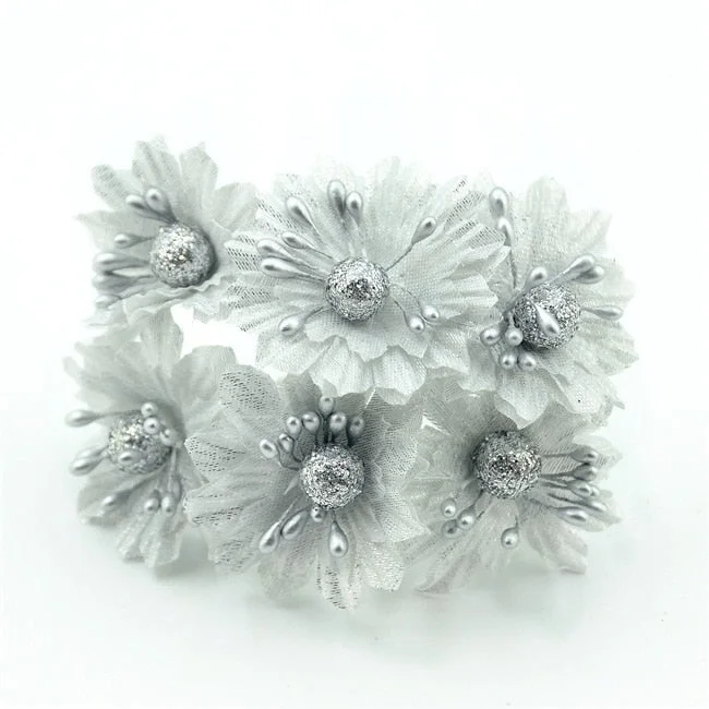 6pcs Golden Silver Glitter Artificial silk flower bouquet for Wedding Decoration Scrapbook DIY handcarft Fake flowers