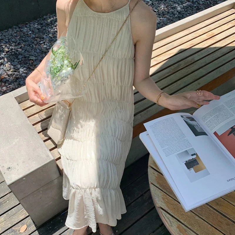 Churchf Churchf Gentle Wind Sanya Seaside Halter Dress Korean Version Elegant Thin Beach Pleated Dress Foreign Style