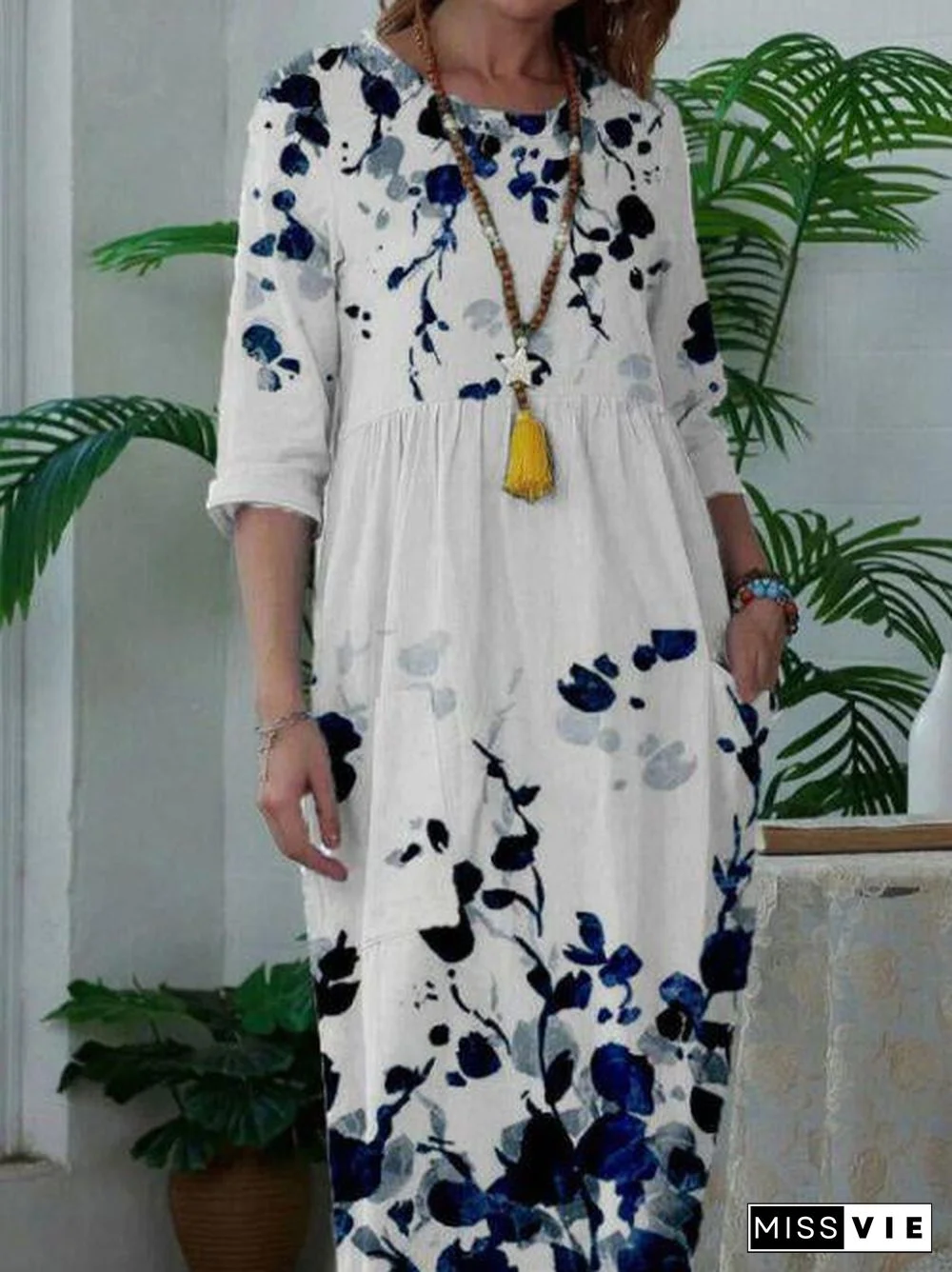 White Pullover Loose Blue Pattern Dress