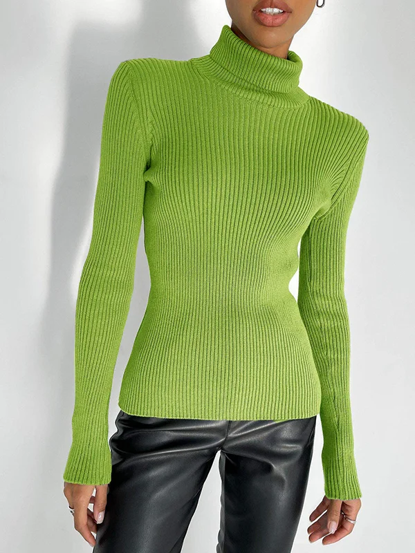Solid Color Skinny Long Sleeves High Neck Sweater Tops Pullovers