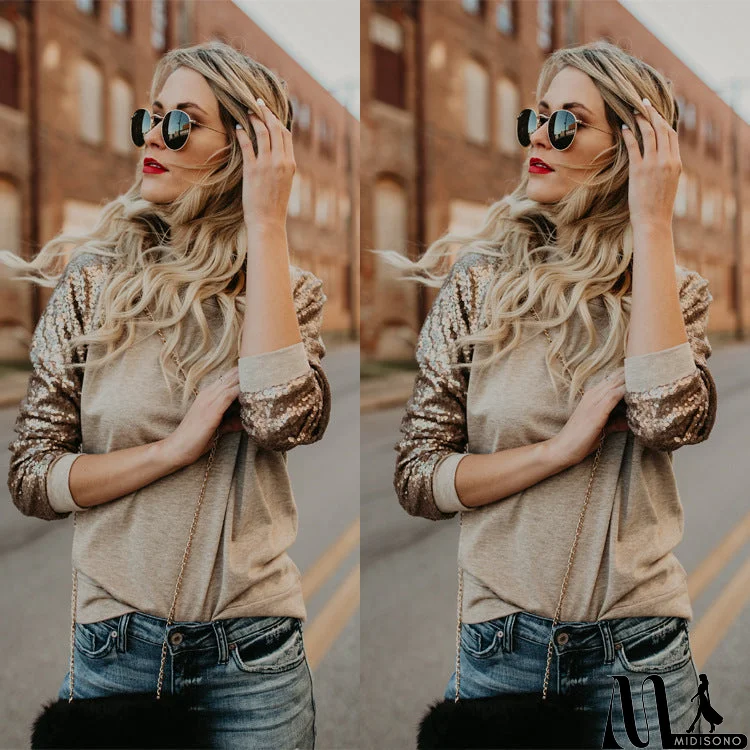MidiSono - Fashion Round Neck Sequined Long-Sleeved T-Shirt