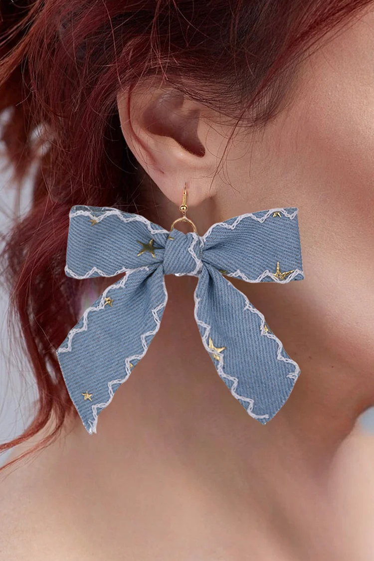 Fashionable Blue Handmade Denim Bow Dangle Earrings 2024 - Xpluswear