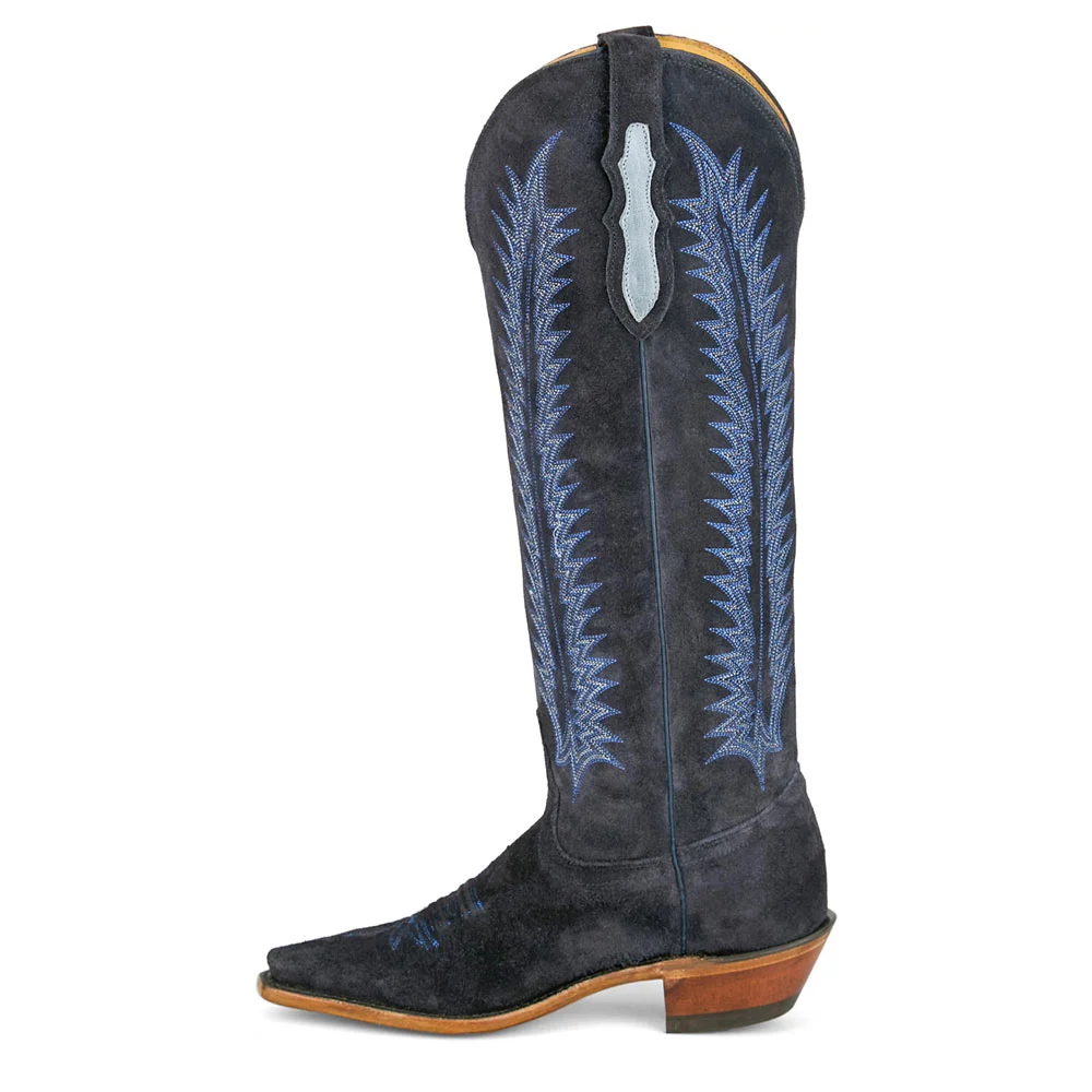 Dark Navy Vegan Suede Chunky Heel Embroidered Western Knee High Boots