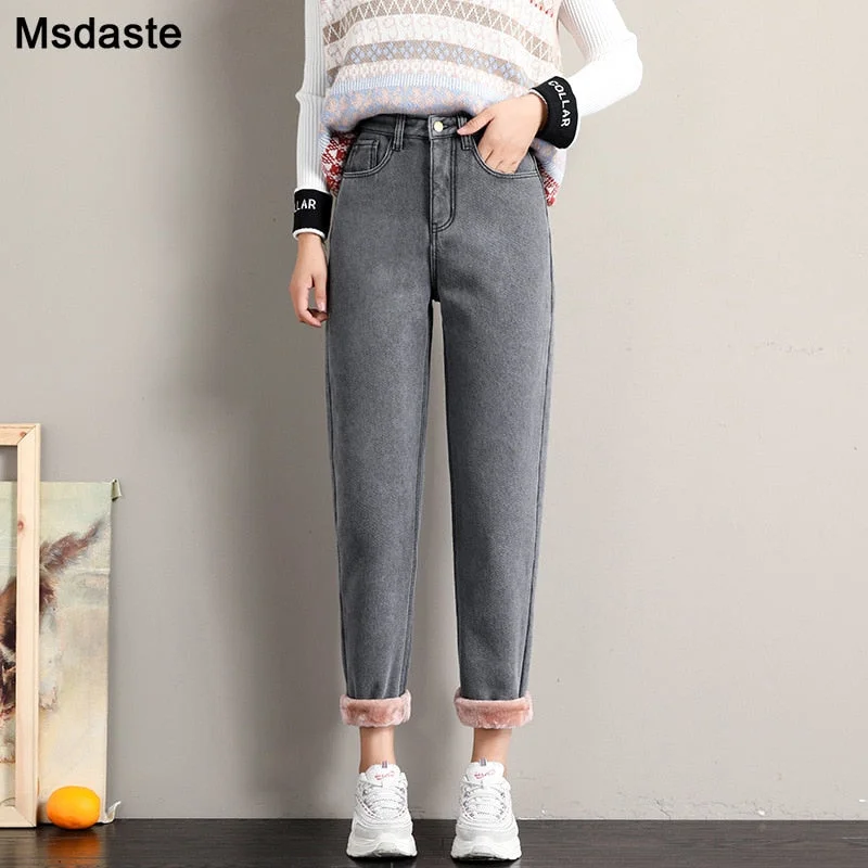 Winter Jeans for Women Velvet Thick Warm Denim Pants High Waist Fleece Mom Jeans Vintage Wide Leg Ankle-Length Harem Denim Pants