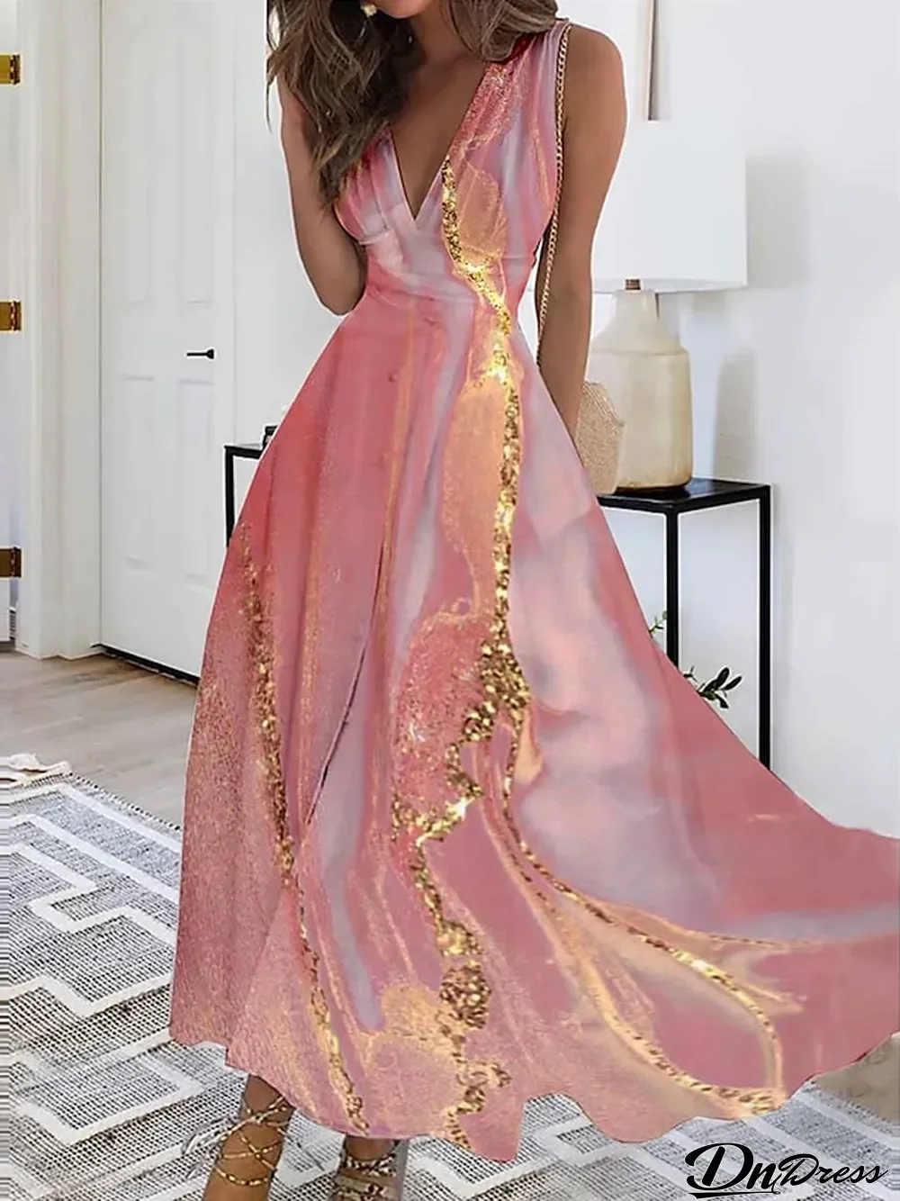 Women's Casual Dress Swing Dress Ombre Marbling Print V Neck Maxi long Dress Fashion Streetwear Outdoor Daily Sleeveless Regular Fit Pink Blue Green Summer Spring S M L XL XXL