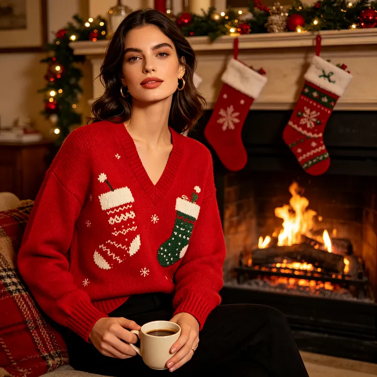 Red Christmas Stocking V-Neck