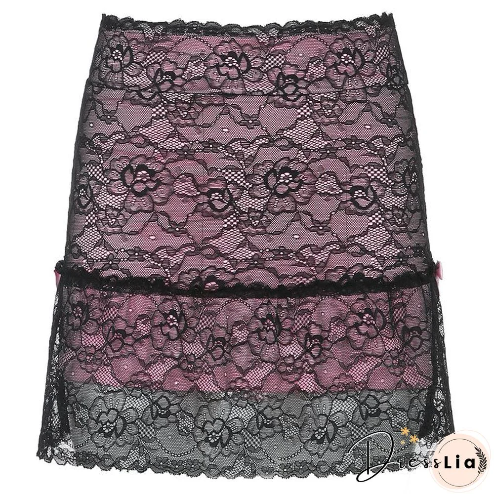 Patchwork Lace Gothic Skirt Woman Punk Style Dark Academia Aesthetic Vintage 90s Streetwear Goth Mini Skirts