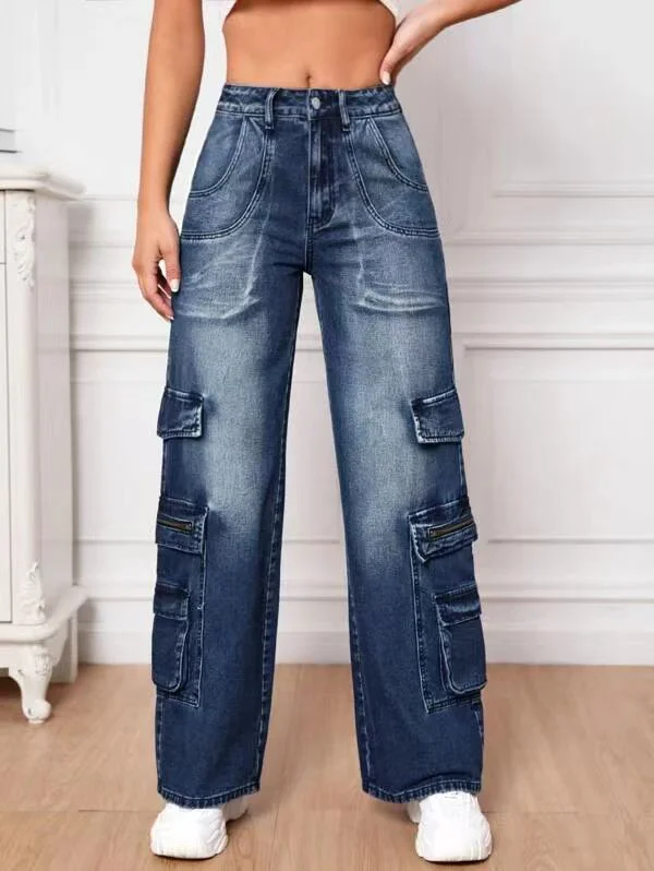 Women's Wide-leg Cargo Denim Jeans Straight-leg Loose Jeans