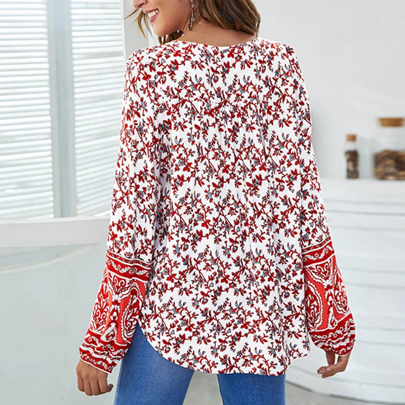 Women's V-Neck Ethnic Print Long Sleeves Blouses