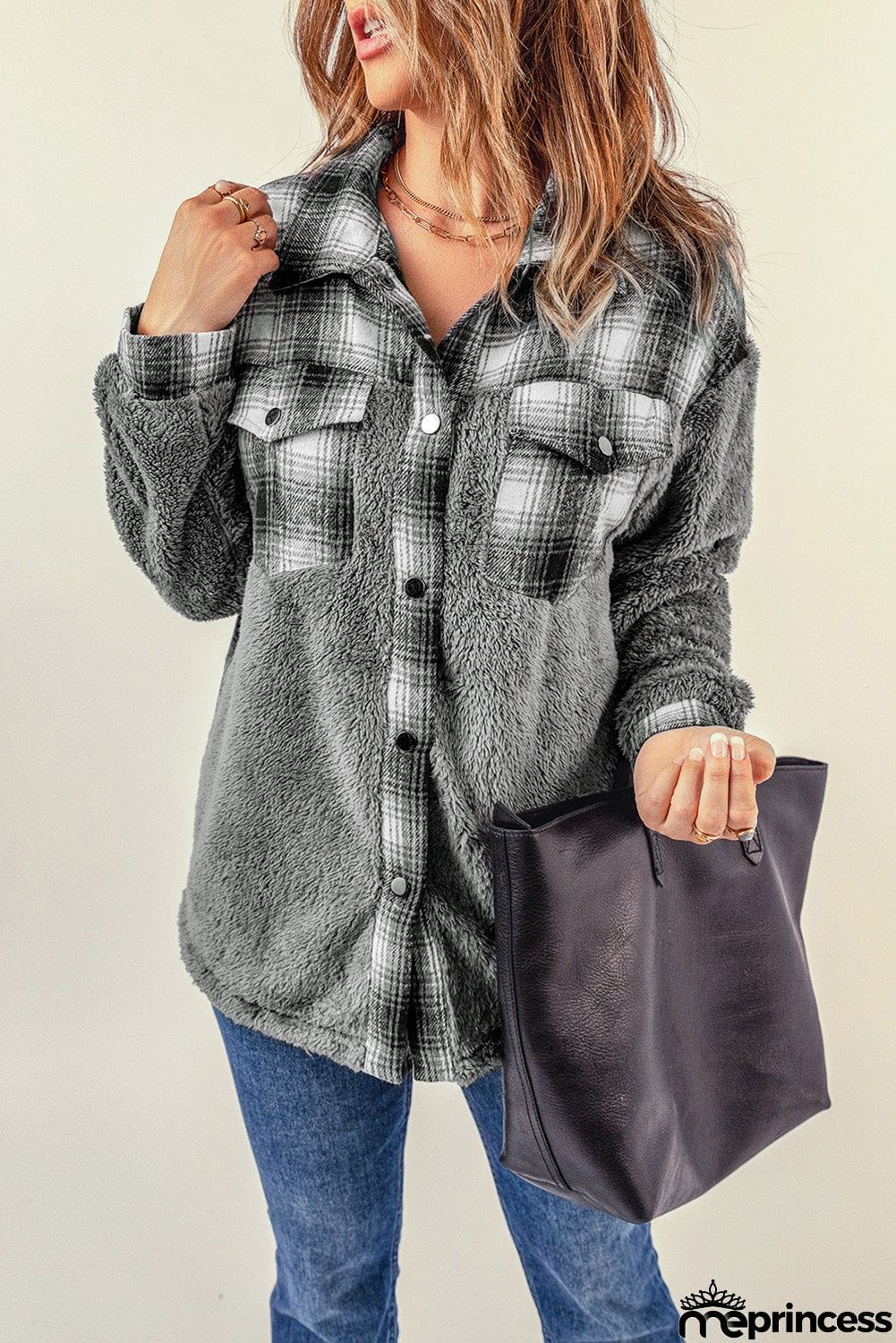 Plaid Patchwork Buttoned Pocket Sherpa Jacket