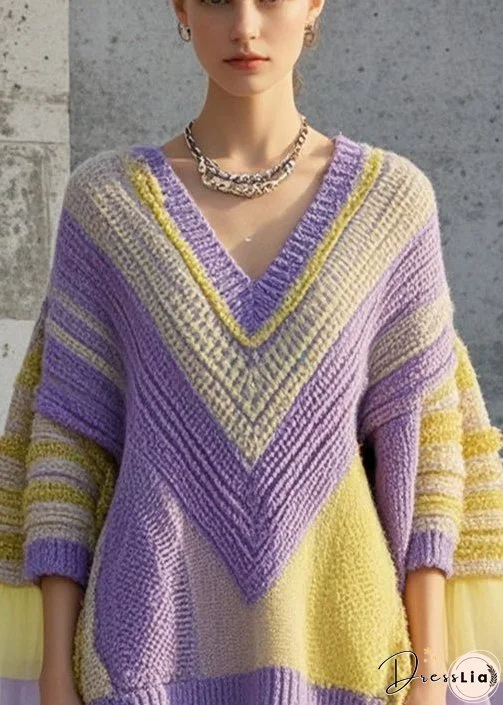Original Design Purple Oversized Patchwork Knit Dress Fall