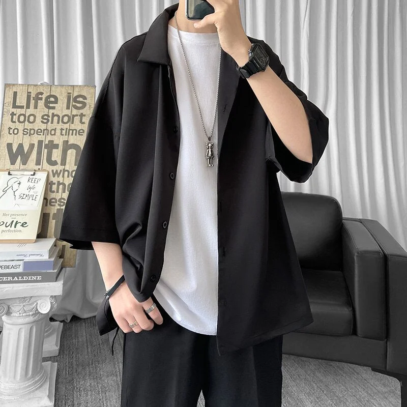 Inongge Solid Color Oversized Men's Shirts Harajuku Men Casual Half Sleeve Shirt Tops Cool Summer Streetwear Man Blouse 6 Colors