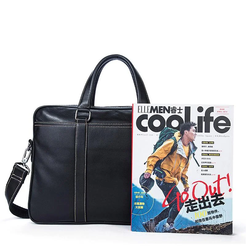 Fine Stitching Dual Top Handle Detachable Sling Strap Zip Top Genuine Leather Briefcase