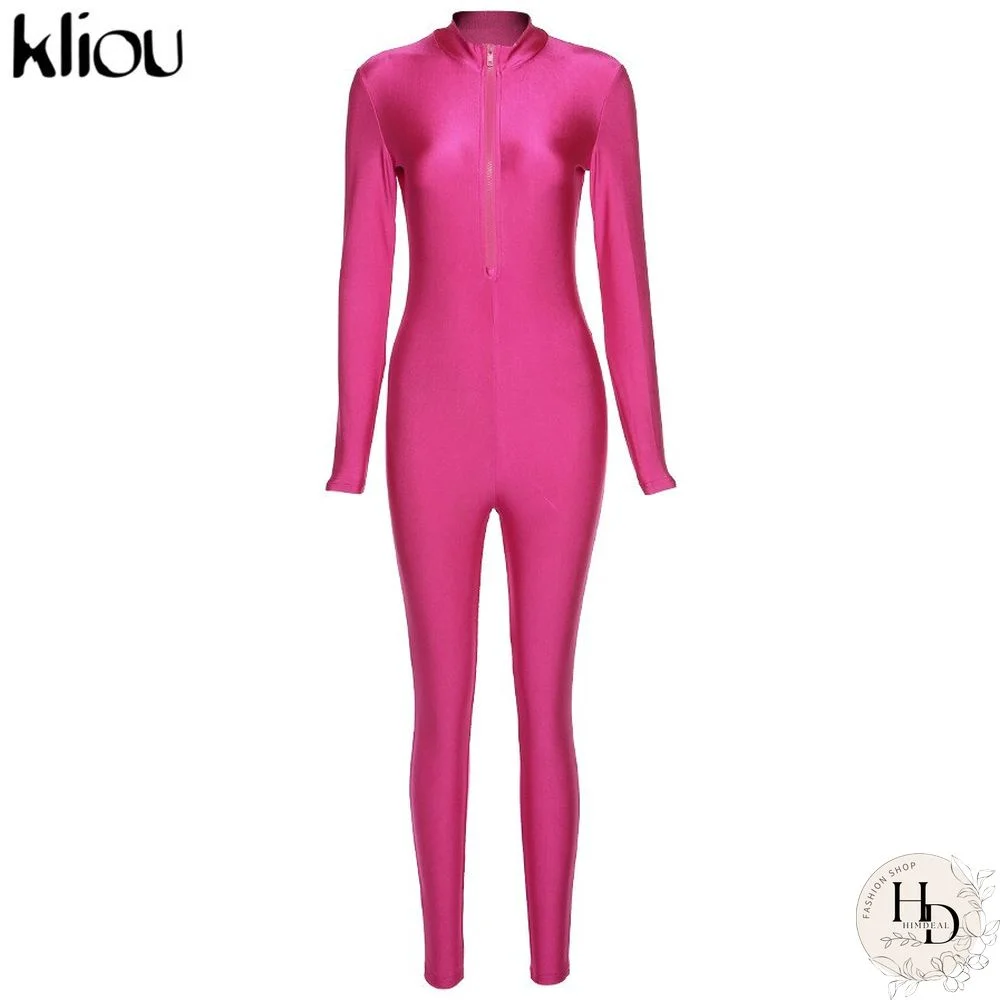 Kliou Zipper Solid Bodycon Womens Jumpsuit New Fashion Streetwear Skinny Long Sleeve One Piece Active Jumpsuits