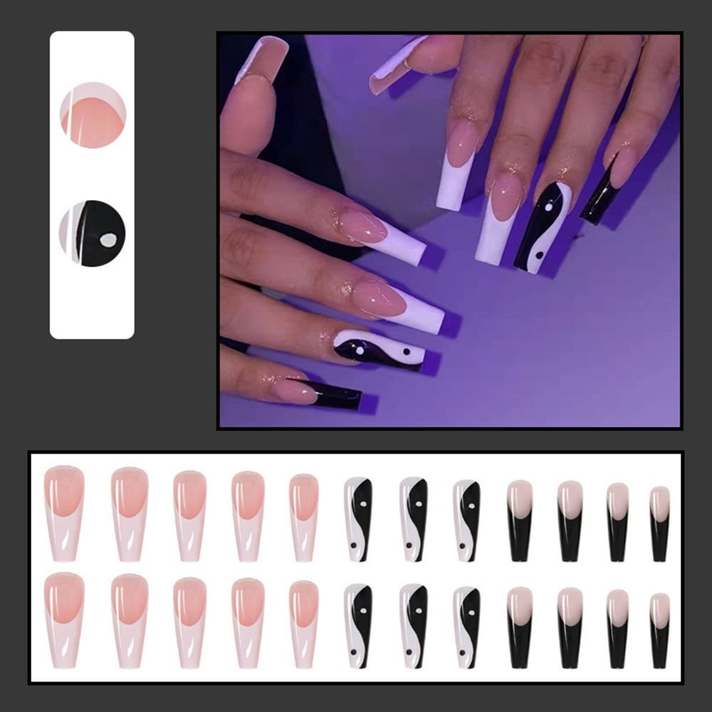 24Pcs/Box Long Coffin False Nails with White Black Taichi Design Ballerina Fake Nail Patches Press On Nails Manicure Nail Tips