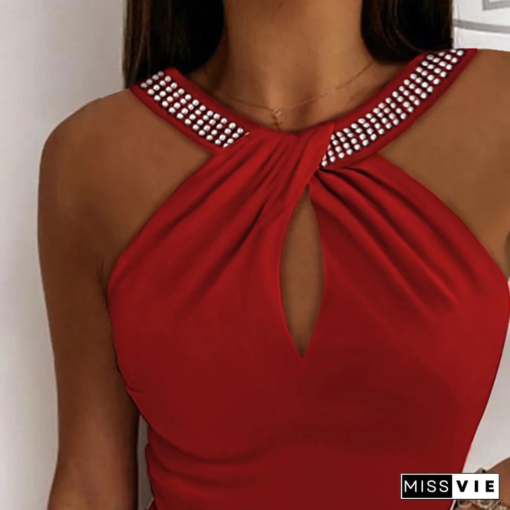 Fashion Folds Solid Color Tank Top Women Sexy Halter Rhinestone Hollow Out Slim Top Casual Straps Backless Inside Tee Shirt Vest