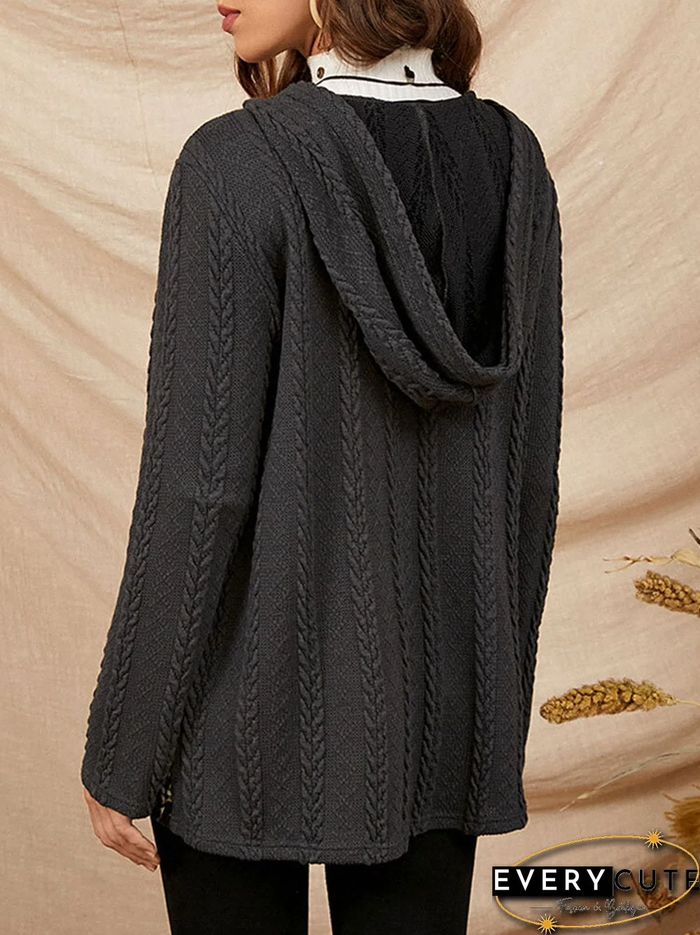 Vintage Check Cable Knit Pocket Zip Front Hooded Jacket