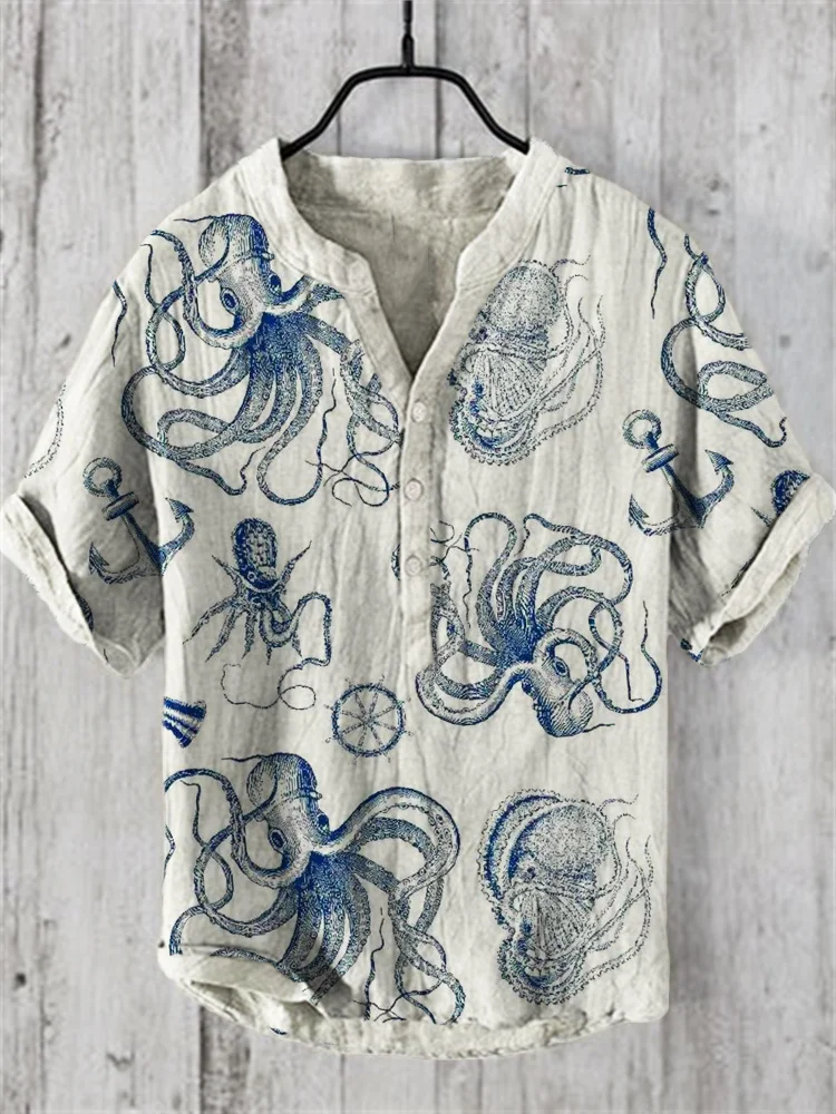 Vintage Octopus Sailor Pattern Linen Blend Shirt