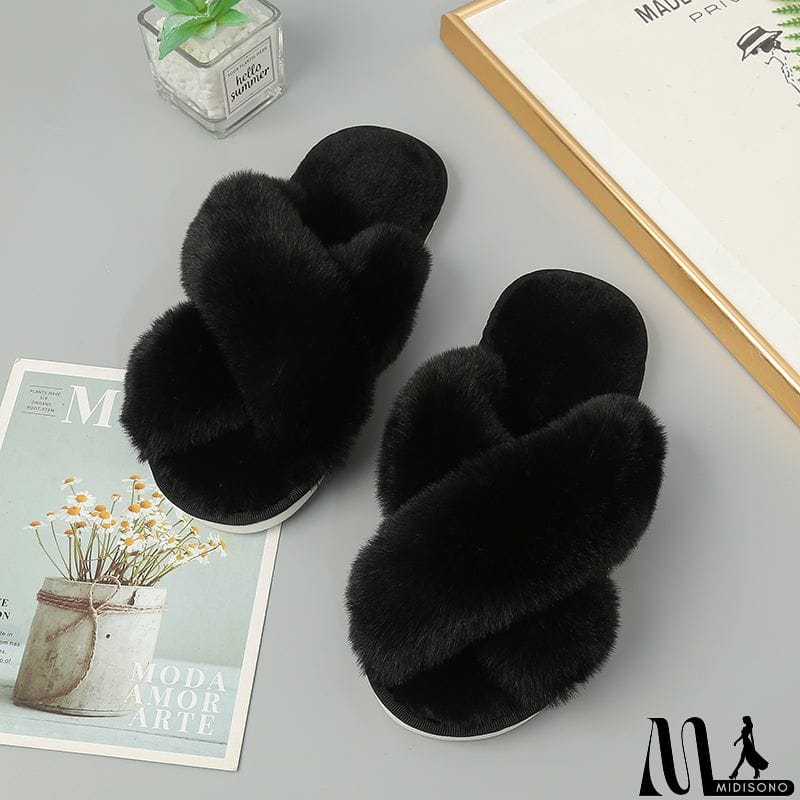 MidiSono - Faux Fur Crisscross Strap Slippers