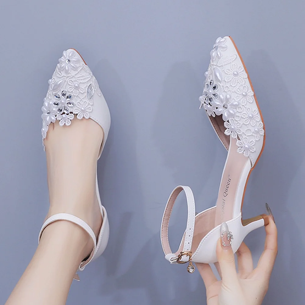 Breakj Breakj Cm Large-Size Sandals Fine-Heeled White Lace Water Diamond Wedding Shoes In The Pearl Bridal Dress Shoes