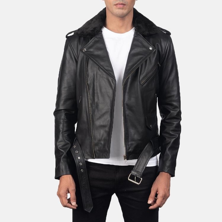 Furton Black / Brown Leather Cow hide Semi-aniline Quilted viscose lining Zipper with Waist Belt Jacket