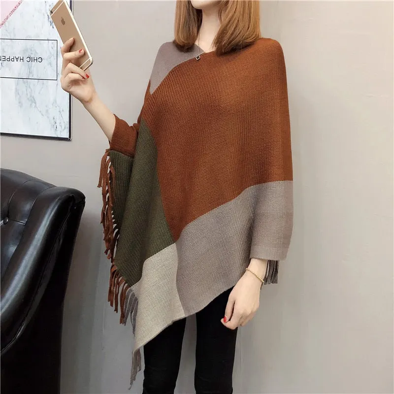 Zoki Women Sweater Poncho Autumn Tassel Fashion Batwing Long Sleeve Winter Striped Knitted Jumper Casual Plus Size Capes 2021