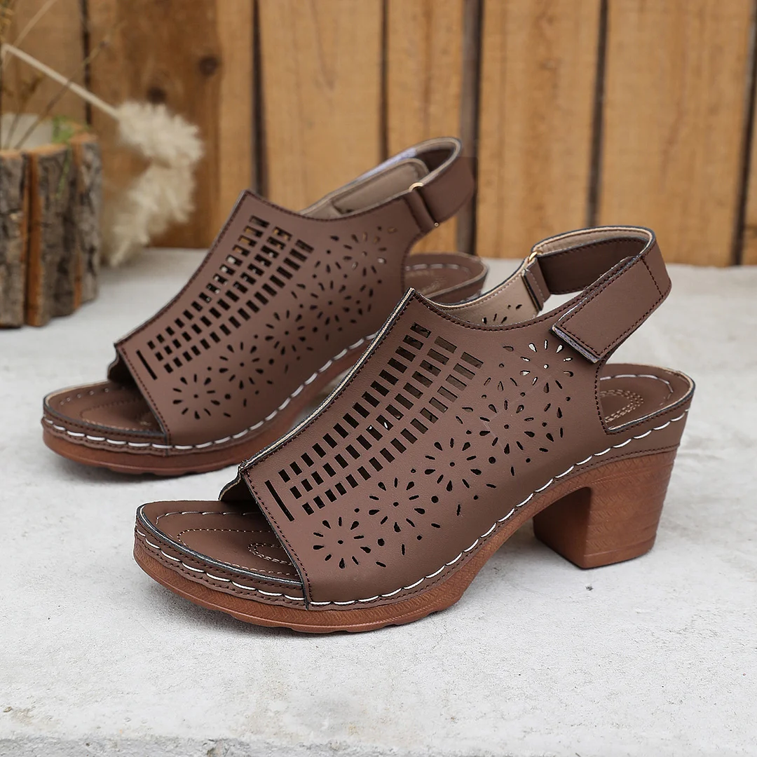Yyvonne High-Heeled Sandals Summer New Hollow Fish-Mouthed Shoes Coarse Heel Breathable Sexy Sandals