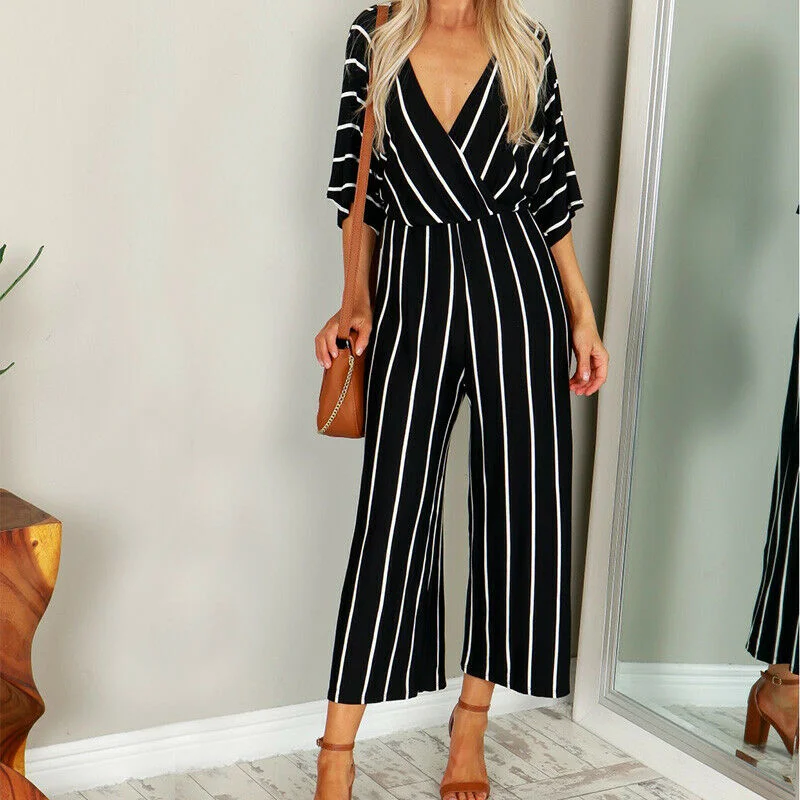 Brownm Rompers Womens Girls Jumpsuit Women Summer Half Sleeve Striped Loose Overalls Jumpsuit Combinaison Femme Body Mujer hot