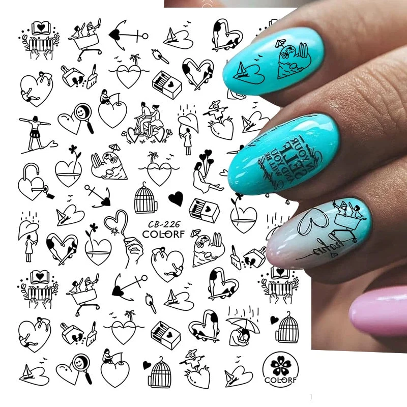 1PC Abstract Face 3D Nail Stickers Geometry Lines Love Letter Slider For Nails Gel Polish Decals For Manicures Decoration-Nail Inspo