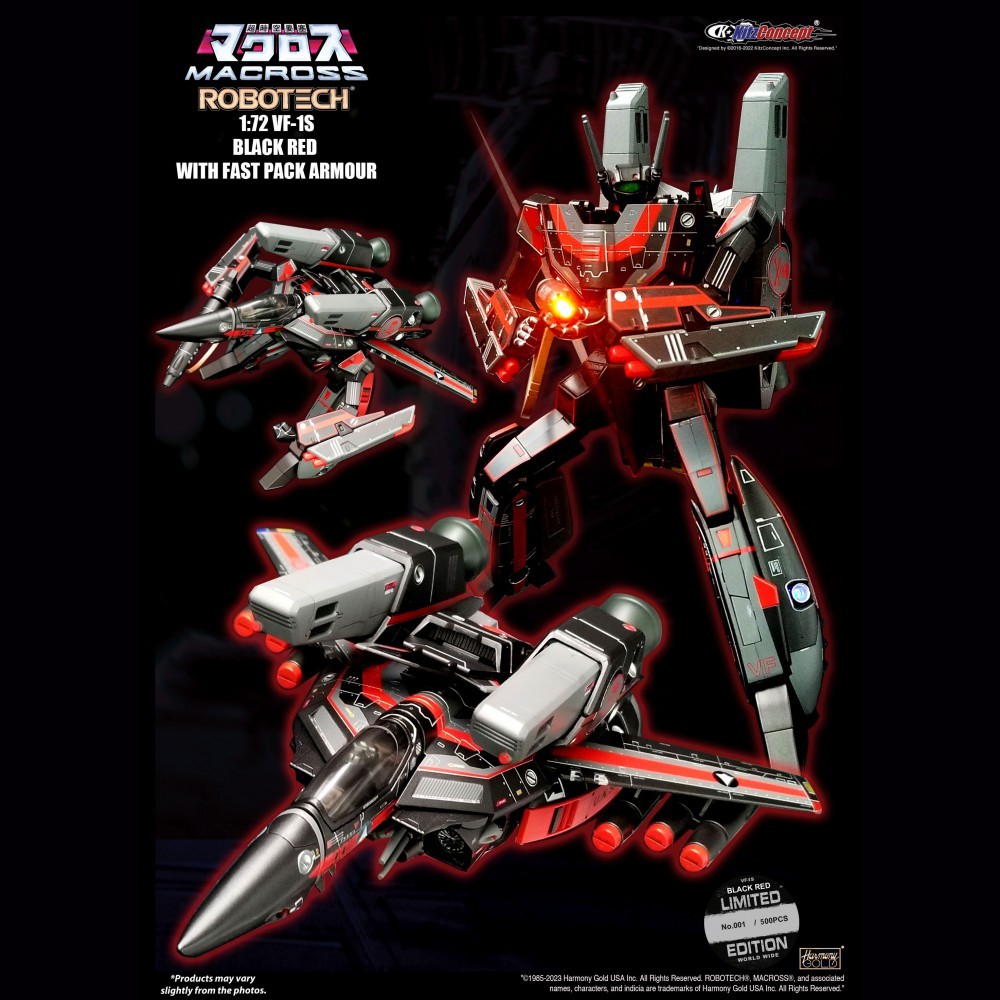 KCKitzConcept VF1S Black Red Veritech Fighter Action Figure Robotech Macross Collection Transformers Robot Toy, Detailed Model Kit for Fans, Classic Anime Mecha Replica Collectible Figurine