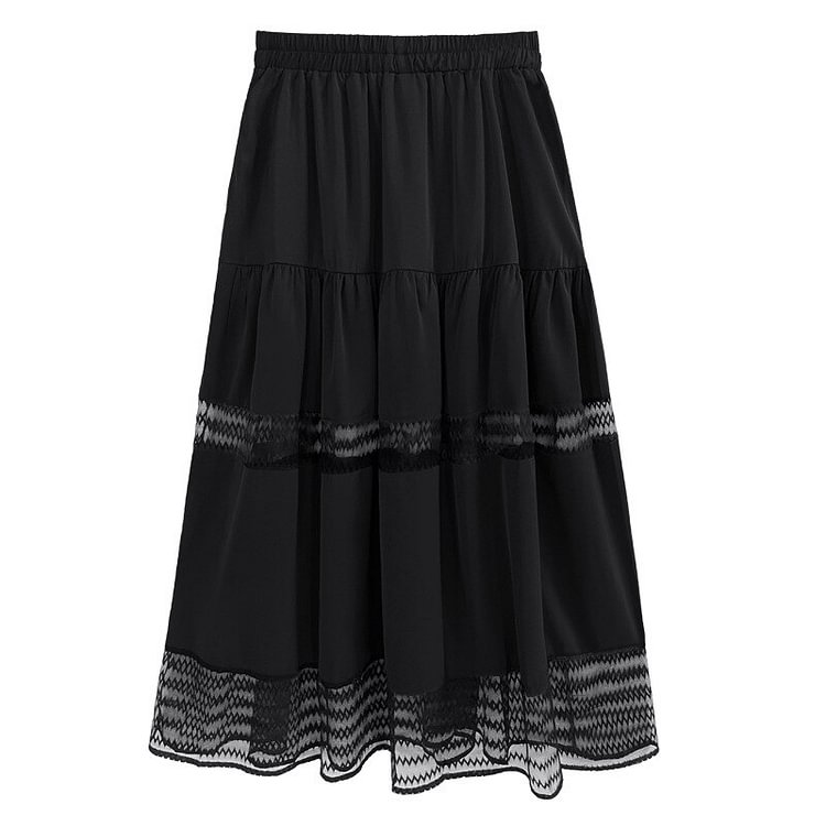 Elegant Elastic Waist Solid Color Pleated Splicing Perspective Lace Ankle-length Skirt      