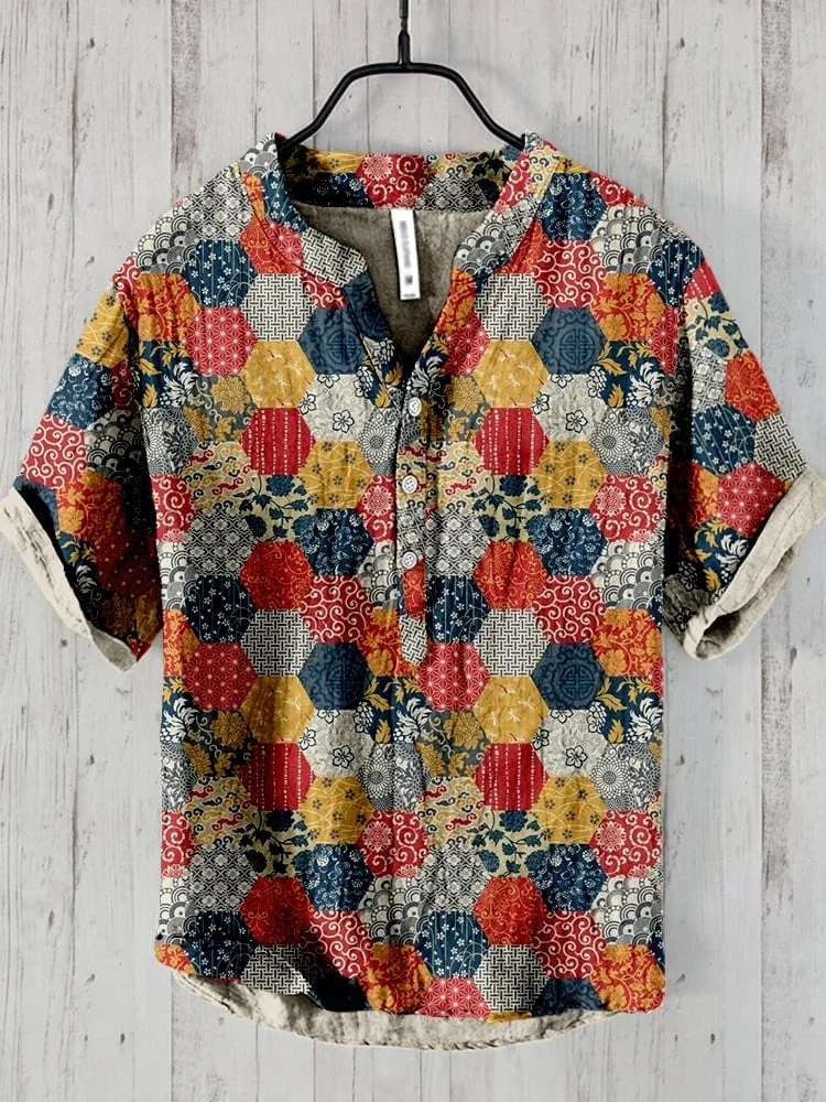 Men's Patchwork Pattern Art Linen Shirt