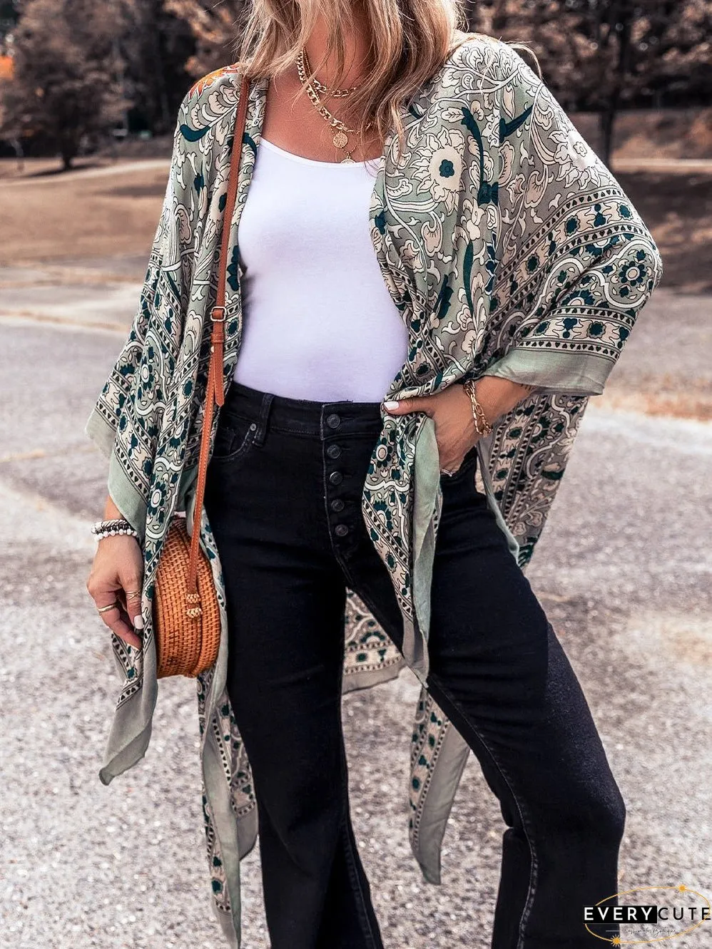 Vintage Green Floral Print Long Kimono with Split Front